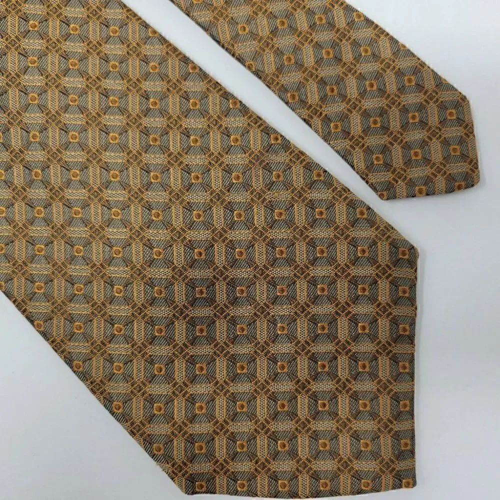 ROBERT TALBOTT BEST OF CLASS SILK TIE GOLD GRAY GEOMETRIC 4"